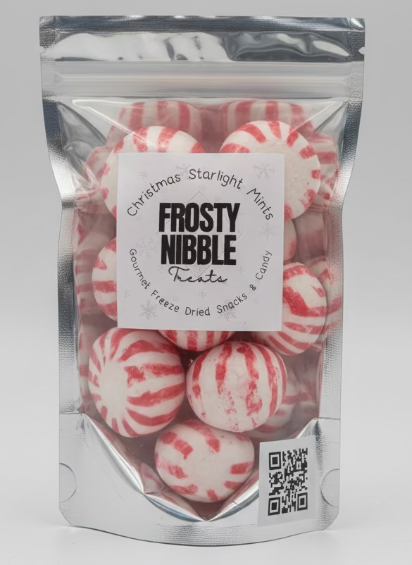 Bag of Frosty Nibble Treats Christmas Starlight Mints with freeze dried peppermint pieces and a cup of peppermint mocha on a wooden table.